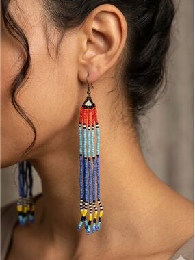 Handmade Multicolor Beaded Fringe Earrings – Blue, Red & Yellow